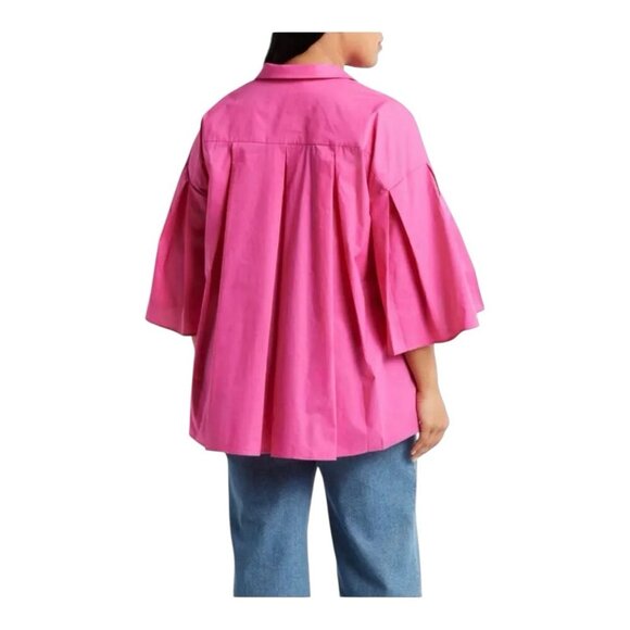 Harshman Maureen Tunic Cotton Poplin Top Fuchsia Medium Oversized $219 VNeck - Picture 2 of 9